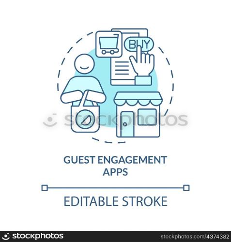 Guest engagement apps turquoise concept icon. Online review. Touchless system abstract idea thin line illustration. Isolated outline drawing. Editable stroke. Roboto-Medium, Myriad Pro-Bold fonts used. Guest engagement apps turquoise concept icon