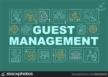 Guest management in hotel word concepts dark green banner. Hospitality. Infographics with editable icons on color background. Isolated typography. Vector illustration with text. Arial-Black font used. Guest management in hotel word concepts dark green banner