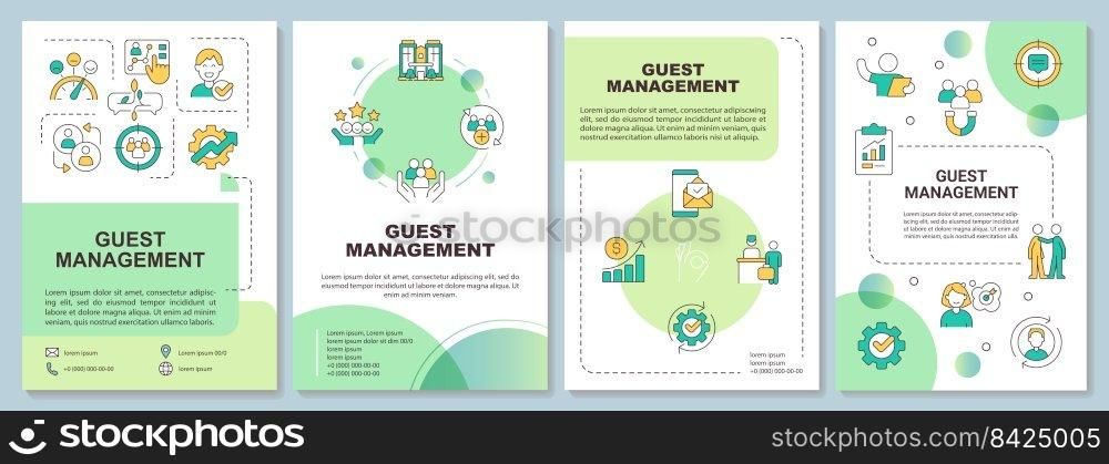 Guest service management green brochure template. Satisfaction. Leaflet design with linear icons. Editable 4 vector layouts for presentation, annual reports. Arial-Bold, Myriad Pro-Regular fonts used. Guest service management green brochure template