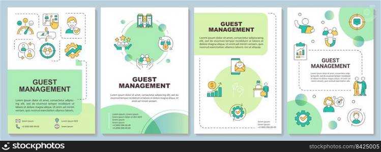 Guest service management green brochure template. Satisfaction. Leaflet design with linear icons. Editable 4 vector layouts for presentation, annual reports. Arial-Bold, Myriad Pro-Regular fonts used. Guest service management green brochure template