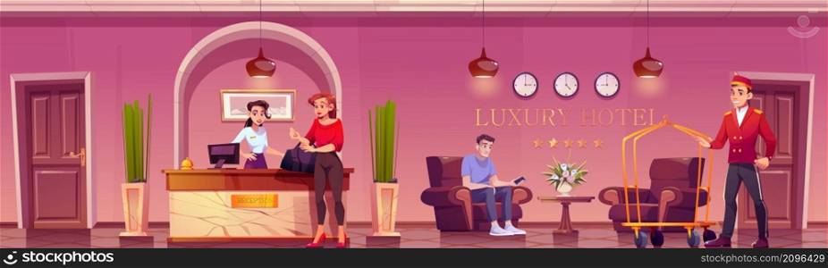 Guests and staff in luxury hotel lobby with reception desk, table with chairs, flowers and plants. Vector cartoon hotel hall interior with woman receptionist, bellboy with trolley and people. Guests and staff in luxury hotel lobby