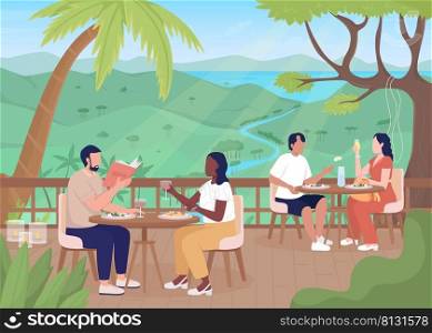 Guests enjoying food at exotic resort flat color vector illustration. Luxury hotel in jungles. Fully editable 2D simple cartoon characters with mountains and rainforest on background. Guests enjoying food at exotic resort flat color vector illustration