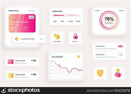 GUI elements for banking mobile app. Financial analytics of bank account, credit card balance user interface generator. Unique ui ux design kit vector illustration. Navigation and graphs components.