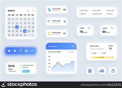 GUI elements for medicine mobile app. Online medical services in clinic, pharmacy store user interface generator. Unique ui ux design kit vector illustration. Calendar, navigation and chart components