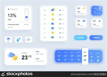 GUI elements for weather forecast mobile app. Temperature, atmospheric pressure, weather condition user interface generator. Ui ux toolkit vector illustration. Current and hourly forecast components.