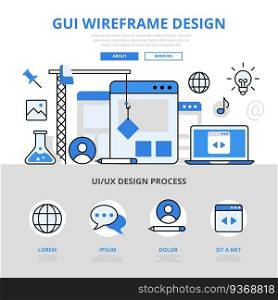GUI wireframe design concept flat line art vector icons. Modern website infographics illustration hero image web banner. Lineart collection.