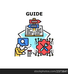 Guide Advice Vector Icon Concept. Guide Advice Of Support Service Worker, Manual Book With Instruction For User. Man Searching Information And Researching Working Process Color Illustration. Guide Advice Vector Concept Color Illustration