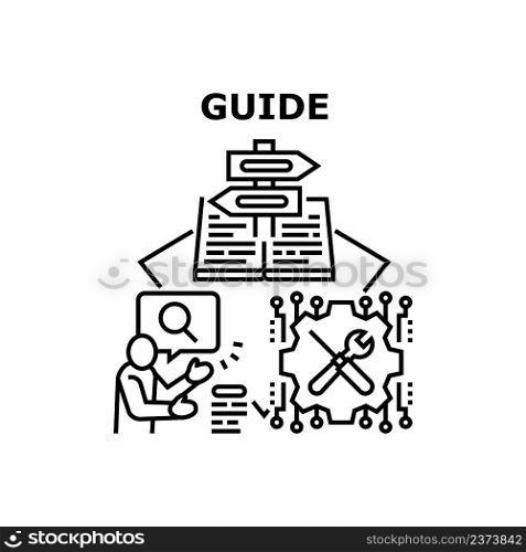 Guide Advice Vector Icon Concept. Guide Advice Of Support Service Worker, Manual Book With Instruction For User. Man Searching Information And Researching Working Process Black Illustration. Guide Advice Vector Concept Black Illustration
