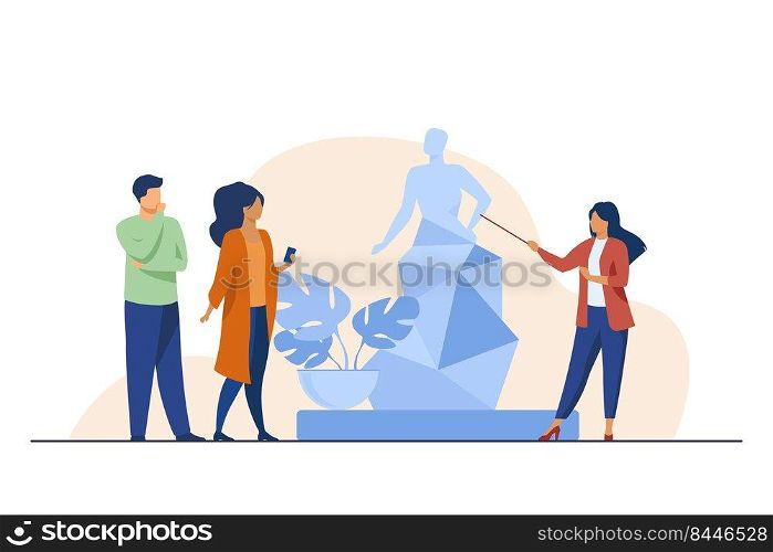 Guide telling about sculpture to tourists. Museum, travel, leisure flat vector illustration. Art and entertainment concept for banner, website design or landing web page