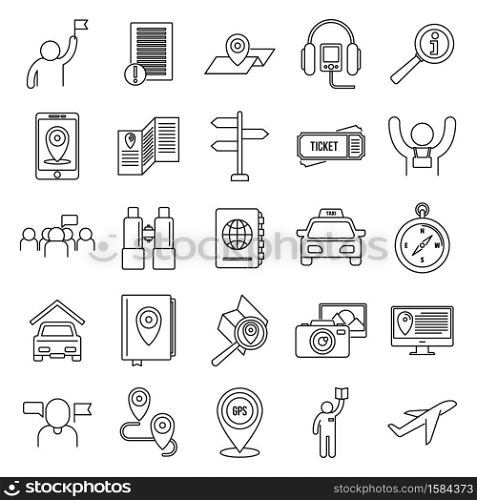 Guide tour icons set. Outline set of guide tour vector icons for web design isolated on white background. Guide tour icons set, outline style