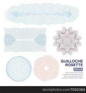 Guilloche Rosette Set Vector. Decorative Abstract Rosette Elements For Diploma, Certificate, Money Or Passport. Guilloche Background Rosette. Vector Illustration.. Guilloche Rosette Vector. Decorative Rosette Elements For Diploma Or Passport. Guilloche Background