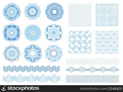 Guilloche rosettes, borders, seamless patterns, money watermarks. Guilloches elements, banknote and certificate security watermark vector set. Abstract shapes for legal documents protection. Guilloche rosettes, borders, seamless patterns, money watermarks. Guilloches elements, banknote and certificate security watermark vector set