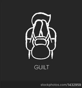 Guilt chalk white icon on black background. Man feeling ashamed. Mental health issue. Heavy weight of self blame. Psychological help. Depression pain. Isolated vector chalkboard illustration. Guilt chalk white icon on black background