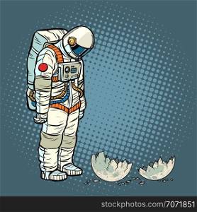 guilty astronaut looks at the ruined moon. Pop art retro vector illustration vintage kitsch. guilty astronaut looks at the ruined moon