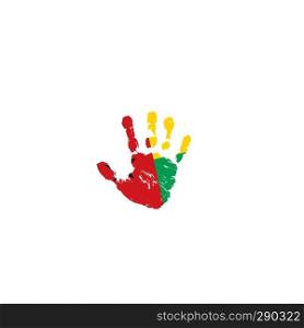 Guinea Bissau flag and hand on white background. Vector illustration.. Guinea Bissau flag and hand on white background. Vector illustration