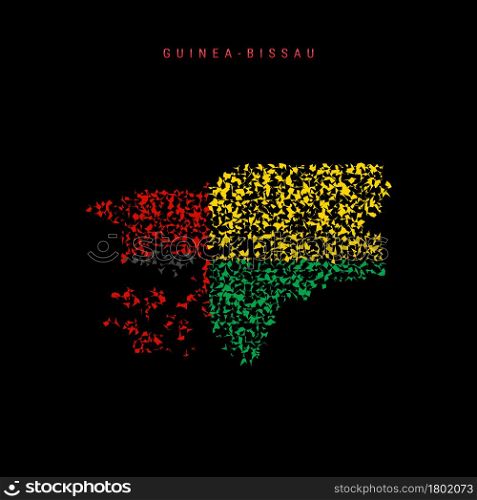 Guinea-Bissau flag map, chaotic particles pattern in the colors of the Republic of Guinea-Bissau flag. Vector illustration isolated on black background.. Guinea-Bissau flag map, chaotic particles pattern in the Republic of Guinea-Bissau flag colors. Vector illustration