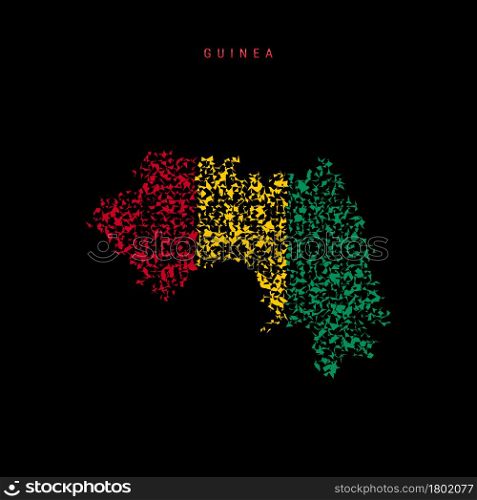 Guinea flag map, chaotic particles pattern in the colors of the Republic of Guinea flag. Vector illustration isolated on black background.. Guinea flag map, chaotic particles pattern in the Republic of Guinea flag colors. Vector illustration
