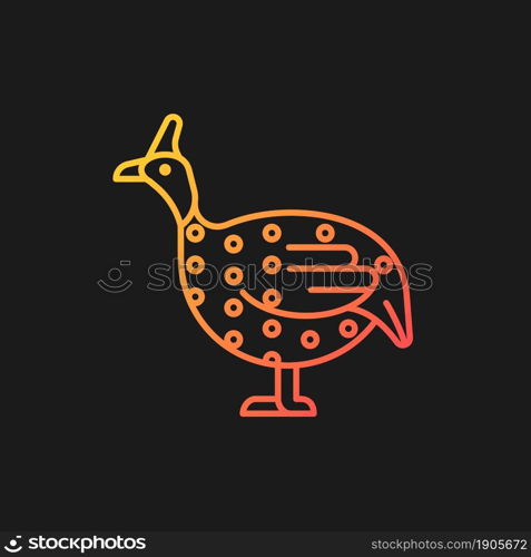 Guinea fowl gradient vector icon for dark theme. Domesticated bird. Commercial poultry farming. Helmeted guineafowl. Thin line color symbol. Modern style pictogram. Vector isolated outline drawing. Guinea fowl gradient vector icon for dark theme