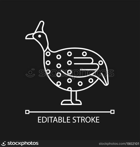 Guinea fowl linear icon for dark theme. Domesticated bird. Helmeted guineafowl. African breed. Thin line customizable illustration. Isolated vector contour symbol for night mode. Editable stroke. Guinea fowl linear icon for dark theme