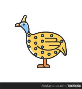 Guinea fowl RGB color icon. Domesticated bird. Commercial poultry farming for meat. Helmeted guineafowl. African breed. Bird selection. Isolated vector illustration. Simple filled line drawing. Guinea fowl RGB color icon