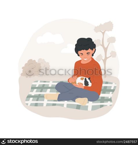 Guinea pig isolated cartoon vector illustration. Happy kid holding and hugging a guinea pig, feeding with a grass, taking care of a domestic animal, child looking after pet vector cartoon.. Guinea pig isolated cartoon vector illustration.