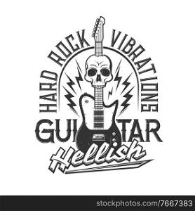 Guitar and skull vector mockup of t-shirt print. Hard rock music club or cafe custom apparel template with electric guitar, lightnings and skeleton head grunge badge with letterings. Guitar and skull t-shirt print mockup, rock music