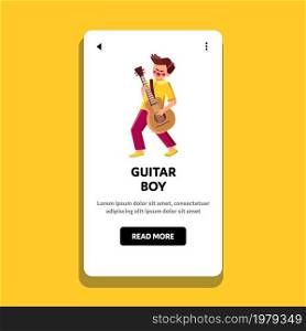 Guitar boy play music. Young child boy sing song and learning play guitar. Funny rock star guitarist Vector web Flat Cartoon Illustration. Guitar boy play music Vector