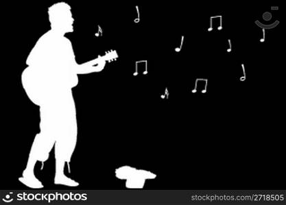guitar guy singing, abstract white silhouette isolated on black background; vector art illustration