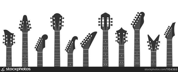 Guitar headstocks. Guitars necks, rock music and guitar peghead with tuning pegs. Acoustic and electric guitar neck silhouette isolated vector illustration. Guitar headstocks. Guitars necks, rock music and guitar peghead with tuning pegs vector illustration
