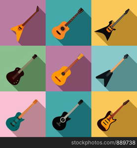 Guitar icons set. Flat set of guitar vector icons for web design. Guitar icons set, flat style