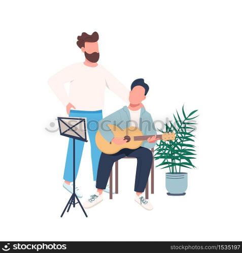 Guitar lesson flat color vector faceless character. Father teach son to play musical instrument. Guitarist with teacher. Family isolated cartoon illustration for web graphic design and animation. Guitar lesson flat color vector faceless character