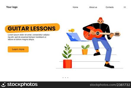 Guitar lessons landing page. Online education, hobby, learning, training play instruments. Young woman sitting home with laptop watching video and playing music Cartoon flat vector line art web banner. Guitar lessons landing page, online education