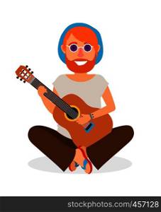 Guitar player. Hippie Man with Guitar in flat style vector illustration. Hippie Man with Guitar vector icon