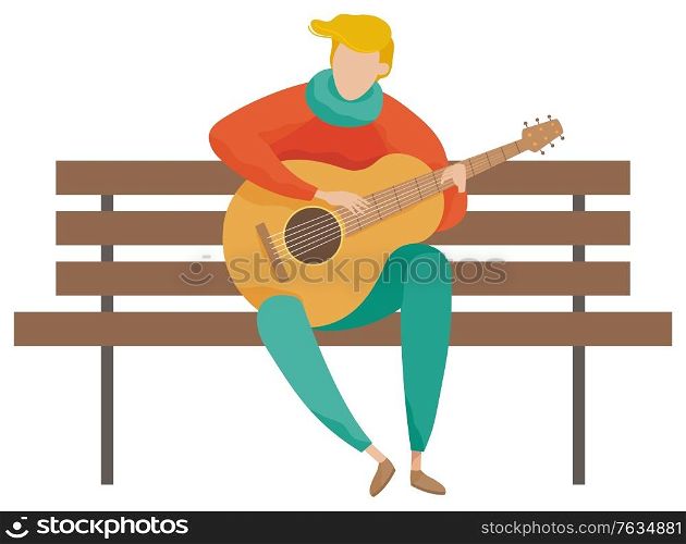 Guitar player sitting on wooden bench vector. Isolated man holding acoustic guitar. Character wearing warm clothes. Talented personage singing songs in pastime hobby, leisure of human flat style. Musician Playing Guitar on Wooden Bench Vector