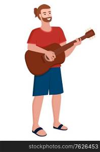 Guitar player vector, isolated man with musical instrument. Bearded male with hairstyle, hipster character flat style acoustic string wooden deck. Flat cartoon. Musician Man Playing Guitar Muscial Instrument