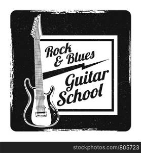 Guitar school grunge logo vector design illlustration isolated on white. Guitar school grunge logo vector design