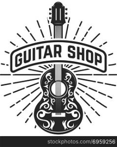 Guitar shop. Rock and roll. Design element for logo, label, emblem, sign. Vector illustration. Guitar shop. Rock and roll. Design element for logo, label, emblem, sign.