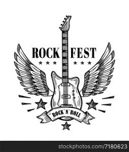Guitar with wings. Music festival vintage poster. Rock and roll tattoo vector art. Rock guitar, festival music emblem with wings illustration. Guitar with wings. Music festival vintage poster. Rock and roll tattoo vector art