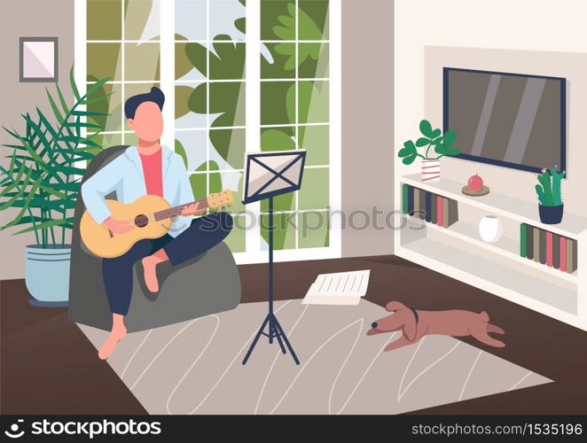 Guitarist at home flat color vector illustration. Man play musical instrument. Pastime with music lesson. Amatuer learn creative hobby. Musician 2D cartoon character with interior on background. Guitarist at home flat color vector illustration