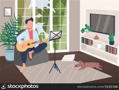 Guitarist at home flat color vector illustration. Man play musical instrument. Pastime with music lesson. Amatuer learn creative hobby. Musician 2D cartoon character with interior on background. Guitarist at home flat color vector illustration