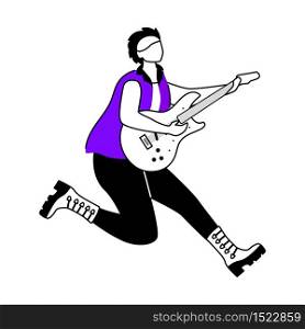 Guitarist flat contour vector illustration. Jumping guitar player. Musician. Music band member. Rock and roll. Man with musical instrument. Isolated cartoon outline character on white. Simple drawing