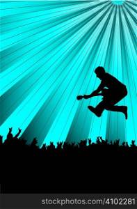 guitarist jumping into a crowd at a concert with a blue background