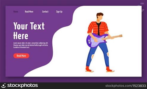 Guitarist landing page vector template. Guitar player website interface idea with flat illustrations. Musician homepage layout. Rock and roll. Music band member web banner, webpage cartoon concept