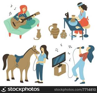 Guitarist player woman vector, isolated people hobby interests. Lady playing guitar sitting on sofa with cat, karaoke singing and horse equestrian sport, pottery. Hobby of People Pottery and Singing Playing Guitar