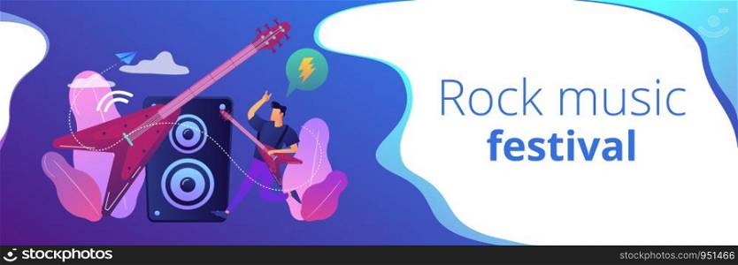 Guitarist playing the electric guitar at concert, tiny people. Rock music style, rock and roll party, rock music festival concept. Header or footer banner template with copy space.. Rock music concept banner header.