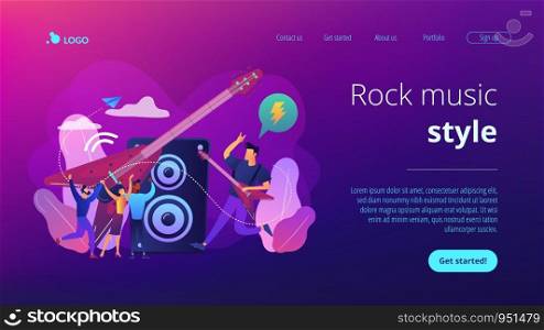 Guitarist playing the electric guitar at concert, tiny people. Rock music style, rock and roll party, rock music festival concept. Website homepage landing web page template.. Rock music concept landing page.