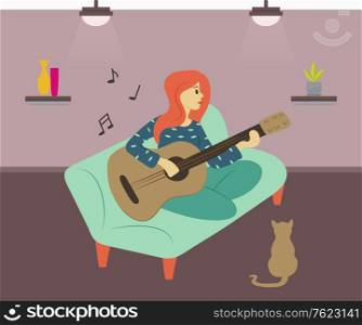 Guitarist woman vector, female character sitting on sofa playing guitar. Cat listening to lady, interior of room, light of lamp and wallpaper, hobby. Flat cartoon. Guitar Player Woman Playing Guitar at Home Hobby