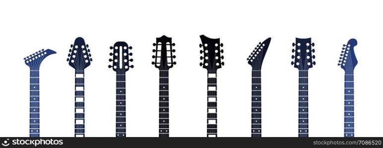 Guitars headstock. Flat acoustic and electric guitar necks and heads, minimal abstract template. Vector minimalism isolated illustration object set. Guitars headstock. Flat acoustic and electric guitar necks and heads, minimal abstract template. Vector isolated set