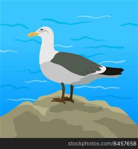 Gull Flat Design Vector Illustration. Gull vector. Sea bird wildlife in flat style design. Illustration for prints, vacation advertising, childrens books illustrating. Beautiful Seagull bird seating on seacost.