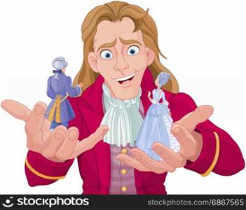 Gulliver holds Lilliputians on his hands